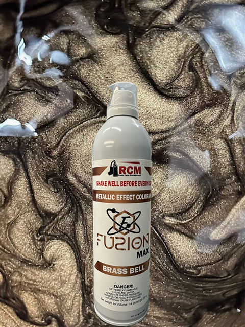 Can of RCM Fuzion Max metallic effect colorant on a textured metallic surface.