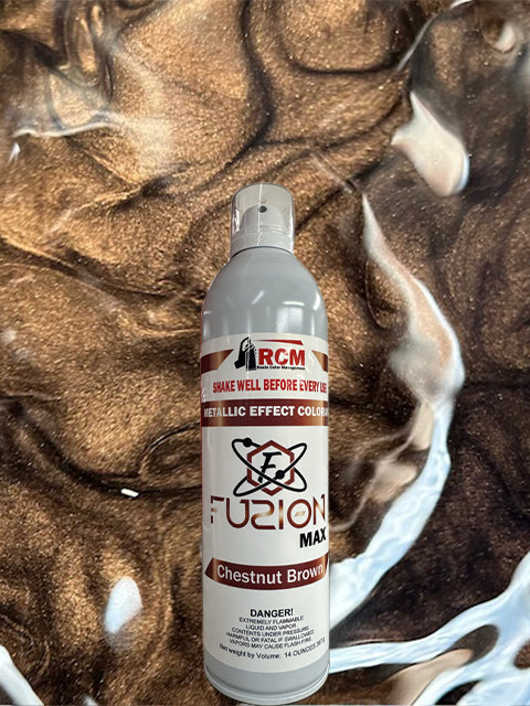 RCM Fuzion Max chestnut brown spray can on a textured brown background