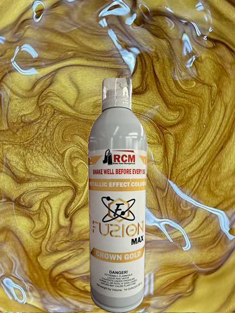 Can of RCM Fusion Max Crown Gold spray paint on a gold and white marbled background