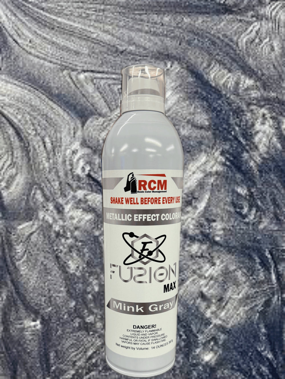 Can of RCM Fuzion Max Mink Gray metallic effect colorant on a textured gray background
