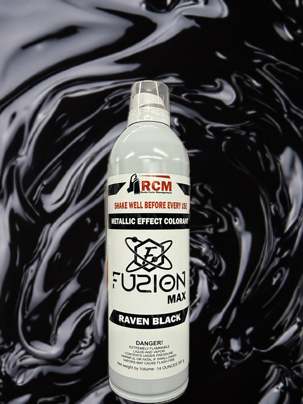 Fuzion Max Raven Black metallic effect colorant bottle with swirling black and gray background