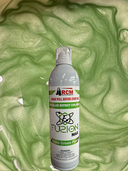 Can of RCM Fuzion Max paint on a green textured background