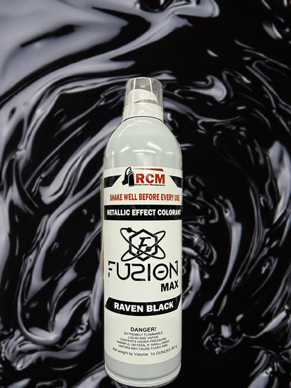 Fuzion Max Raven Black metallic effect colorant bottle with swirling black and gray background