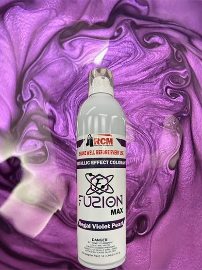 RCM Fuzion Max metallic effect colorant bottle on a swirling purple and black background