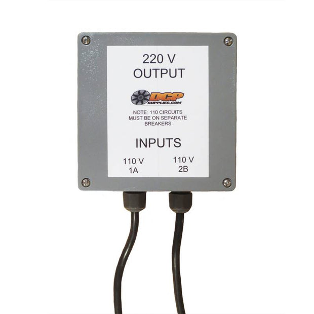 The DCP Converter Box turns two 110V inputs into one 220V output. Ideal for job settings that do not have a 220V outlet to run an electric concrete grinder. s